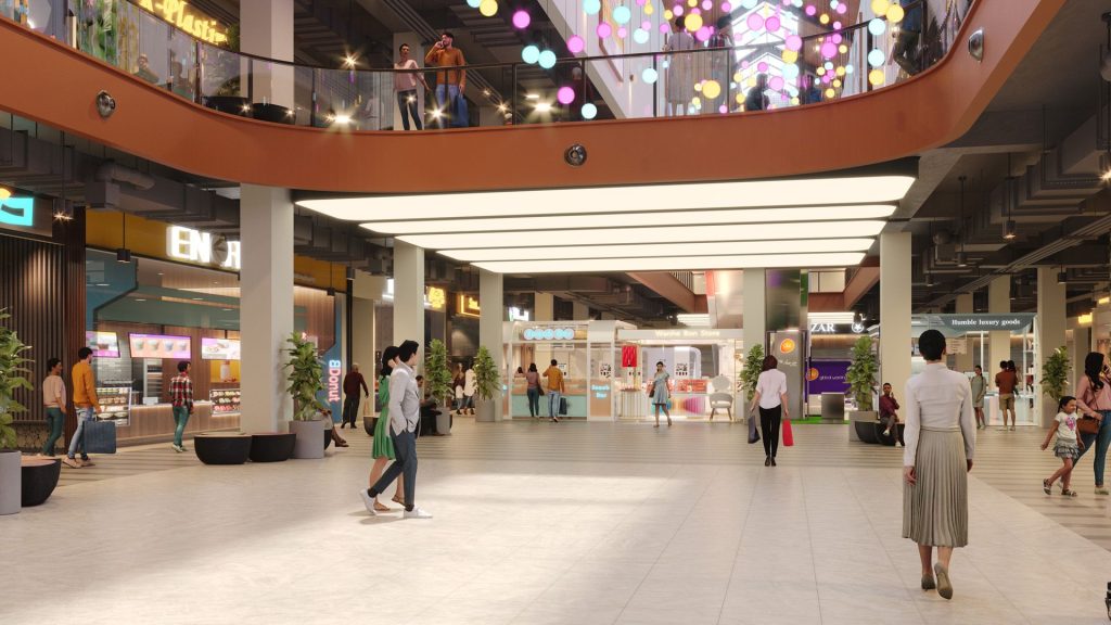 Community lifestyle hub featuring retail, dining, and recreational activities.