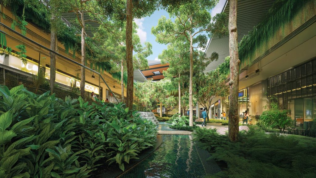 Garden leisure area designed within a retail shopping setting.