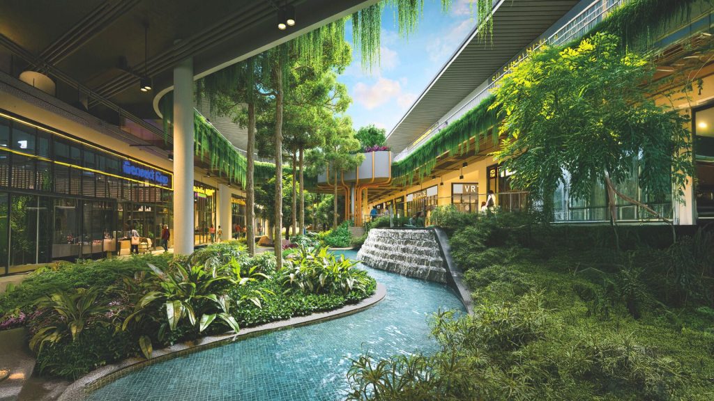 Outdoor Landscaped garden courtyard connected to retail retail outlets.