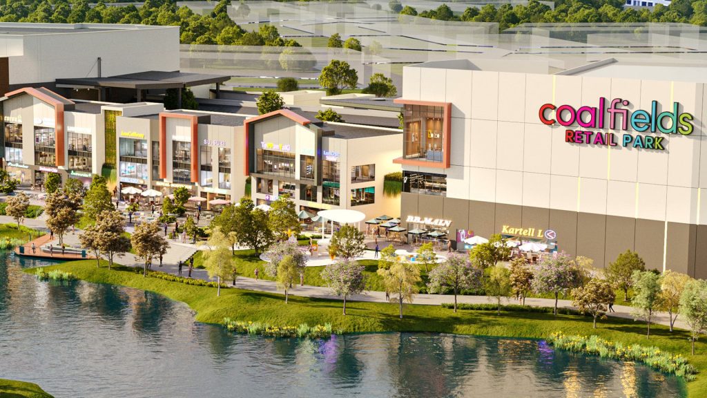 Outdoor dining area overlooking the 7-hectare lake at Coalfields Retail Park.