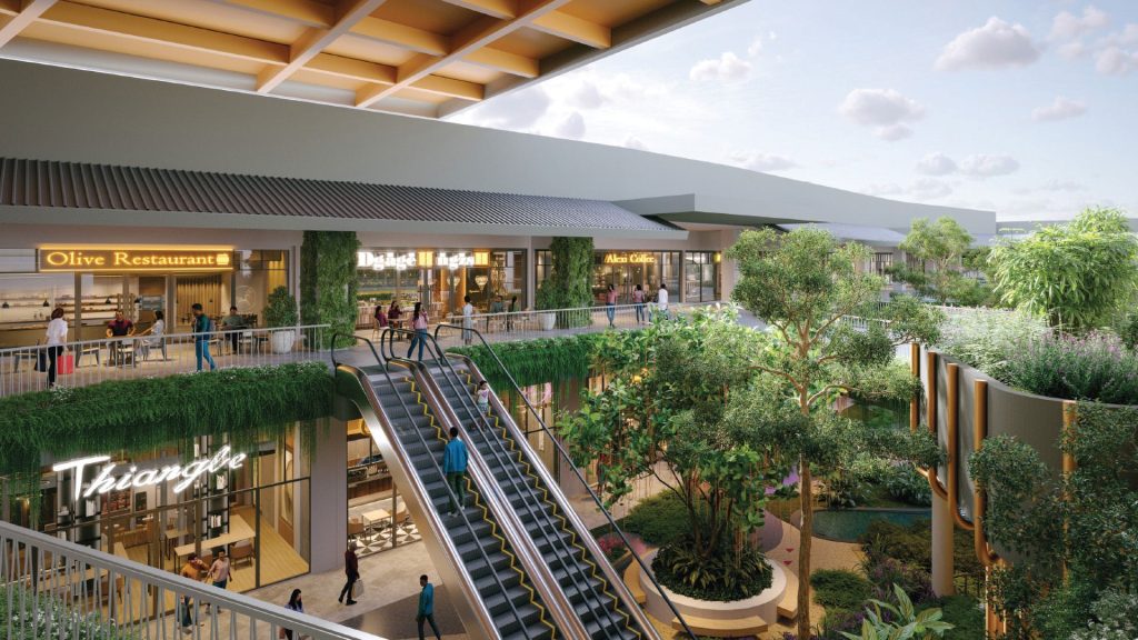 Hybrid indoor–outdoor open-space garden integrated with community retail shops